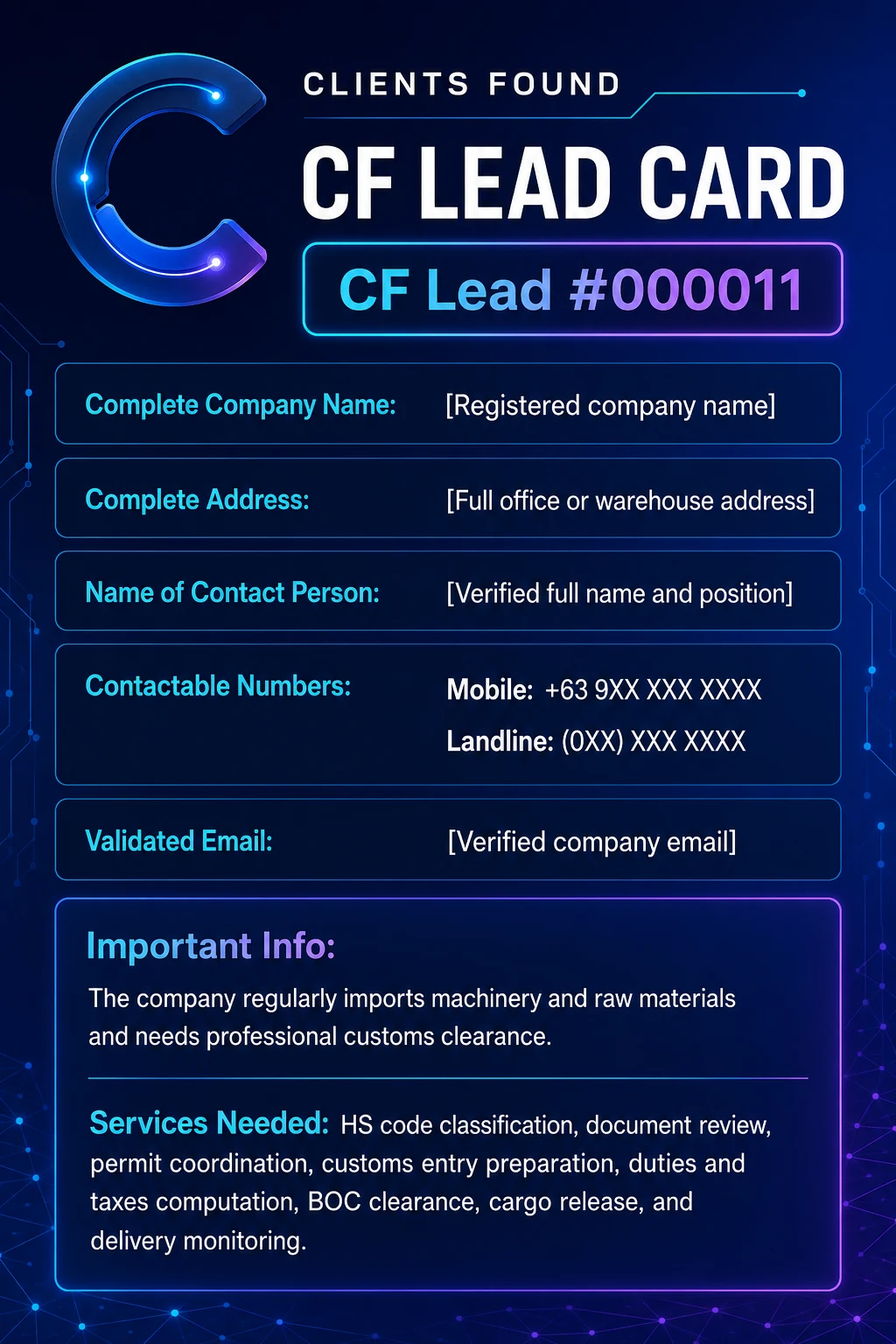 Illustrative Clients Found CF Lead Card showing company, contact, and service-need fields