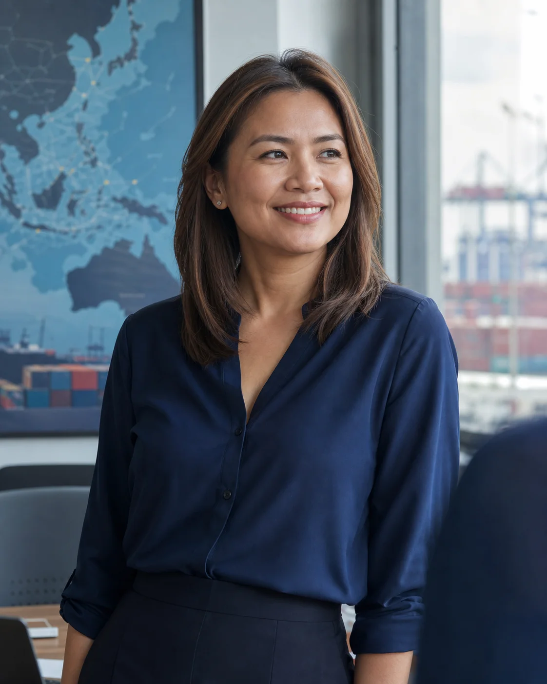 A smiling logistics business leader in a bright office